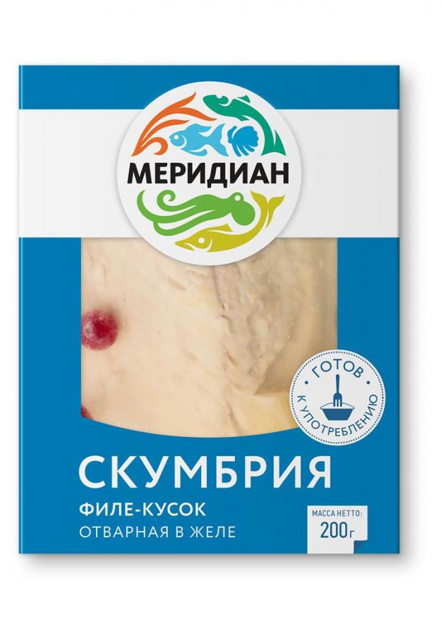 Скумбрия Меридиан отварная в желе, 200 г коктейль из морепродуктов меридиан в желе 200 г